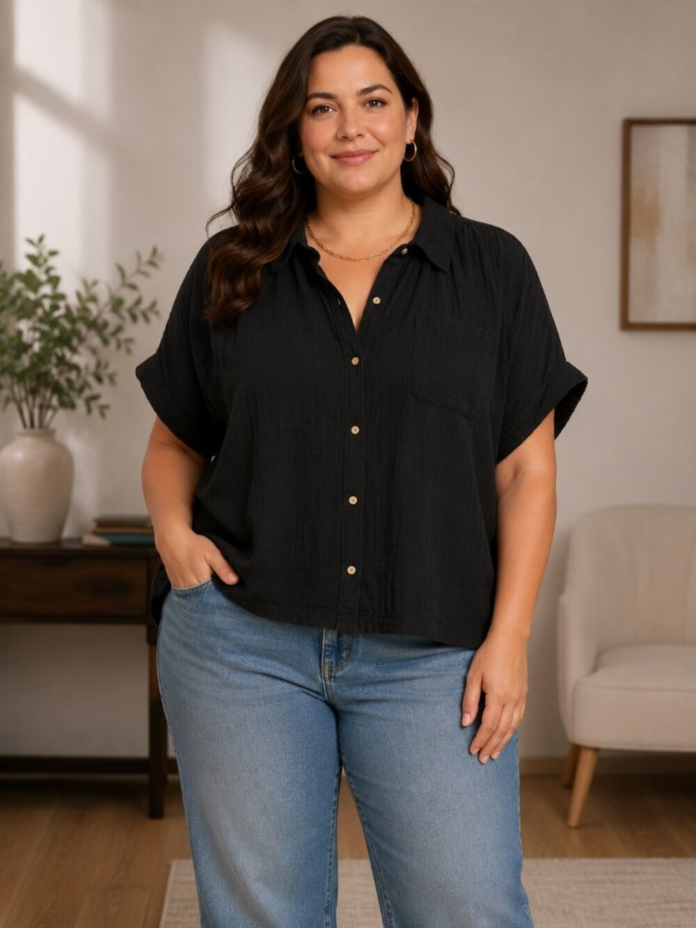 Old Navy Black Gauze Dolman Sleeve Button Front Blouse Large NWT